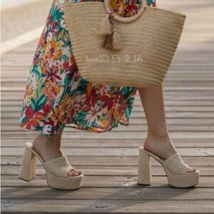 Larroudé Dolly Mule Raffia Platform Block Heels Beach Size 11New With Box
